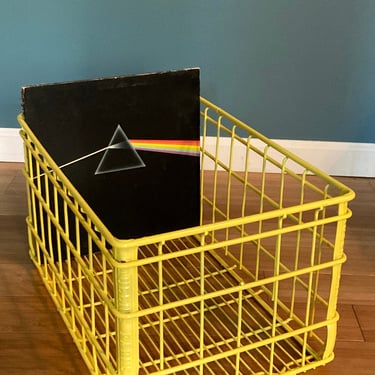 metal basket Crate, Vintage Metal Milk Crate Deans Yellow / Industrial Storage Basket Queens Farms Storage basket 