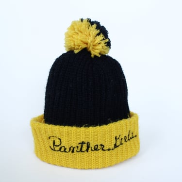 Vintage 70s Pom Pom Winter Hat - Black & Yellow - Panther Girls Embroidery 