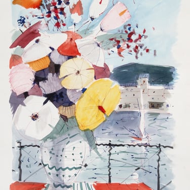 Charles Levier, Bouquet of Flowers on Balcony, Watercolor 