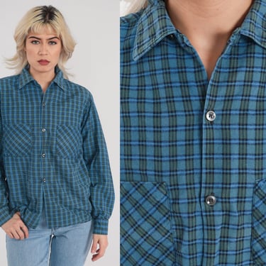 Blue Plaid Shirt 70s Flannel Button up Shirt Retro Lumberjack Long Sleeve Boyfriend Green Checkered Print Top Vintage 1970s Medium M 