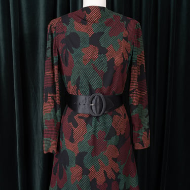 1980s Pauline Trigère Abstract Floral Print Mini Dress with Drape Collar and Matching Scarf Belt 