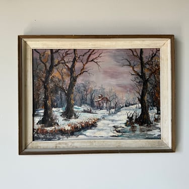 Vintage Winter Cabin in the Woods Landscape Oil Painting, Signed 