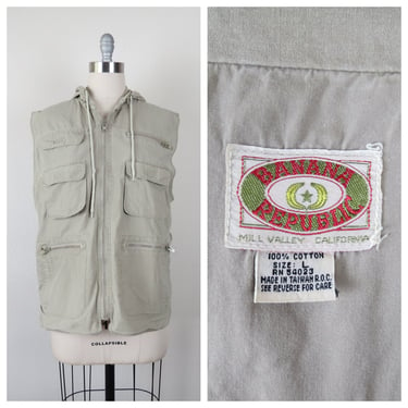 Vintage 1980s Banana Republic bush vest, khaki, cotton, safari, unisex, size large 