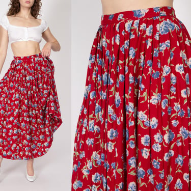 Medium 90s Ralph Lauren Red Floral Rayon Maxi Skirt | Vintage Boho Pleated High Waisted Flowy Skirt 