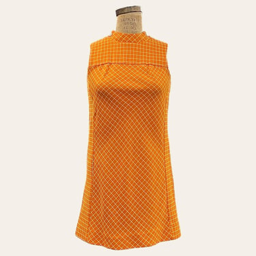 Vintage Kelly Arden Dress Retro 1960s Mid Century Modern + No Size Tag + A-Line + Orange/White + High Neck + Sleeveless + MCM Womens Fashion 