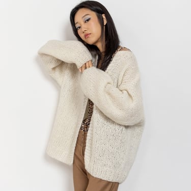 VINTAGE CREAM CARDIGAN Sweater Fuzzy Long Sleeve Hand Knit 90's Oversize Loose Boxy / Medium Large 