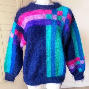 Luxury Designer MOHAIR Pullover Sweater, Grunge Fuzzy Kurt Cobain style Vintage Blue Pink Bright Colors 1960's, 1970's Jeanna GRIEVES 