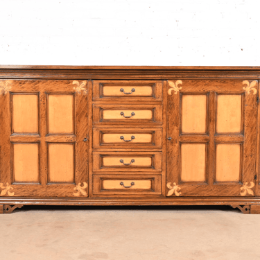 Gruppo Faber Italian Provincial Carved Oak Inlaid Maple Sideboard or Bar Cabinet