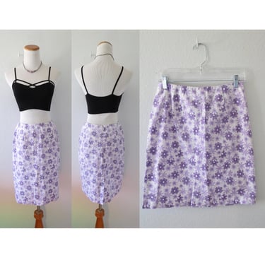 Vintage Y2K Floral Mini Skirt - Pastel Purple Flower Print - Cotton Blend - High Waisted - Spring Summer Outfit 