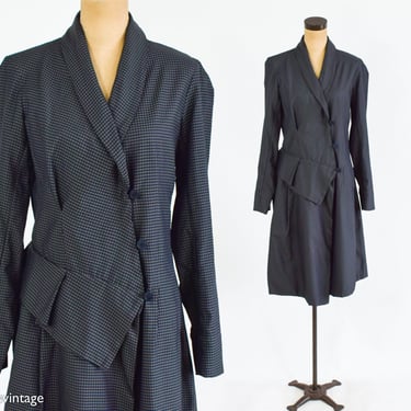 1990s Gray & Navy Coat Dress | 90s Gray Asymmetrical Coat Dress | Lilith | Medium 