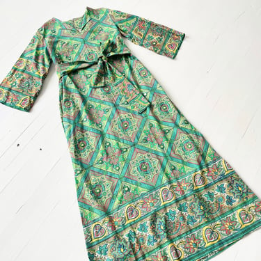 1970s Ramona Rull Green Printed Caftan Dress with Embellished Mirrors 