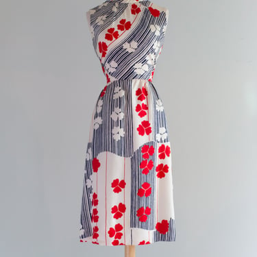 Chic 1960's Red White &amp; BLue Silk Abstract Floral Print Dress / ML