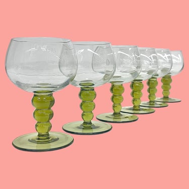 Vintage Roemer Wine Glasses Retro 1960s Mid Century Modern + Green Bubble Stem + German + Set of 6 + Marked 1/8 L Size + MCM Barware + Drink 