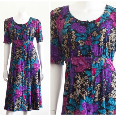 Vintage 1990s Floral Print Dress with Short Sleeves and Button Front 