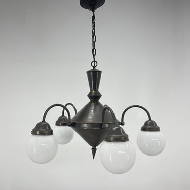 Art Deco Metal and Milk Glass Chandelier, 1930's / Vintage Chandelier 