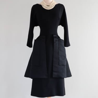 Stunning Late 1950's Black Cocktail Dress With Dramatic Silk Peplum / ML