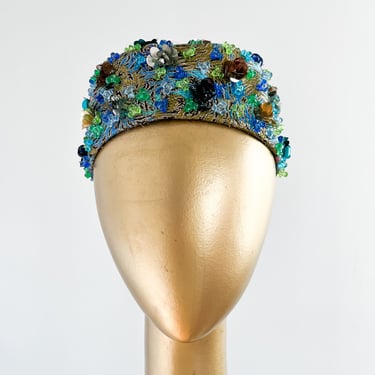 Dazzling Abstract Blue & Green Lame Pillbox Hat by Saks Fifth Avenue / OS