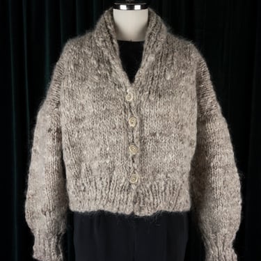 Hand Knit Chunky Wool Shawl Collar Cropped Sweater with Antler Buttons 