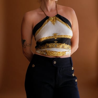 Vintage 80s Silk Scarf Halter Top with Chain Neck/ Size Small 
