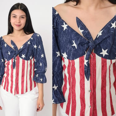 90s American Flag Blouse Peasant Bustier Top Red White & Blue Button up Blouse Chest Tie Off Shoulder Top 3/4 Sleeve Vintage 1990s Medium 8 