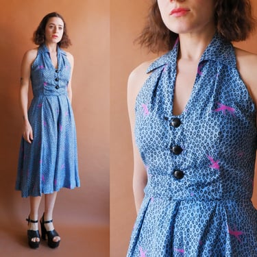 Vintage 50s Silk Halter Dress/ 1950s Blue Backless Summer Dress/ Size Small 