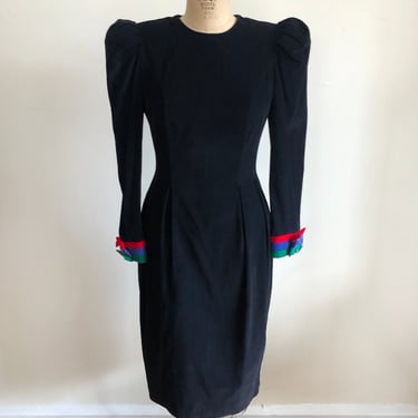 Long-Sleeved Black Corduroy Dress with Colorful Sleeve Bow Detail - 1980s 