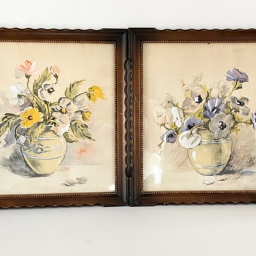 Vintage Original Floral Watercolors. Pair of Painted Floral Framed Wall Hangings. Mid Century Wall Decor. 
