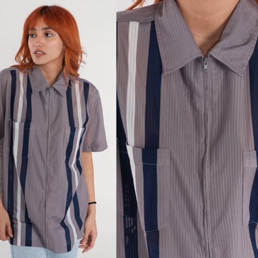 Grey Zip Up Shirt 90s Striped Does 70s Top Short Sleeve Zip Up Pocket Shirt Retro T Shirt Vintage 1990s Blue White Medium 
