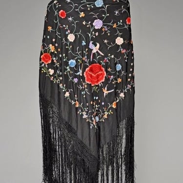 ON SALE 1920s black silk floral embroidered fringe shawl 