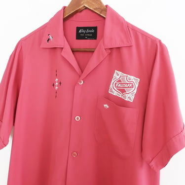 vintage bowling shirt / 50s loop collar / 1950s King Louie Ten Strike pink rayon wool gabardine Falstaff beer bowling shirt Medium 