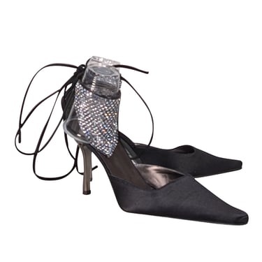 St. John - Black Satin Ankle Tie Strap Heels w/ Rhinestone Mesh Detail Sz 8.5