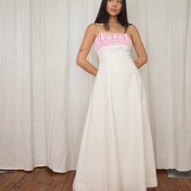 1970S Ann Fogarty White Cotton Pique Maxi Dress with Hot Pink Bralette Bodice 