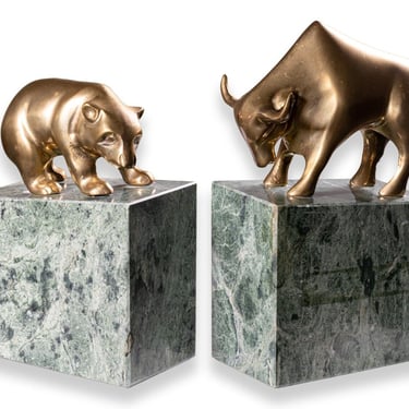 Pair of Art Deco Brass & Marble Bull and Bear Bookends 