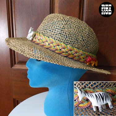 Vintage 80s Wood Animal Safari Straw Hat 