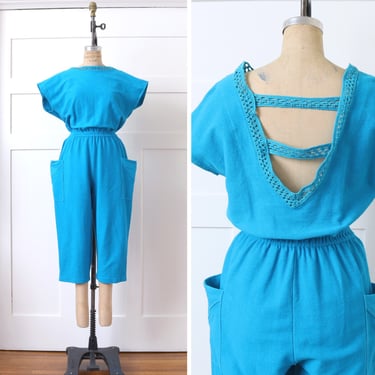 vintage 1980s 90s casual cotton jumpsuit • capri length short sleeve one-piece in bright turquoise blue 