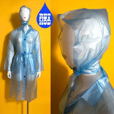 NWOT Fabulous Vintage 70s Blue Translucent Raincoat with Matching Head Scarf & Waist Tie 