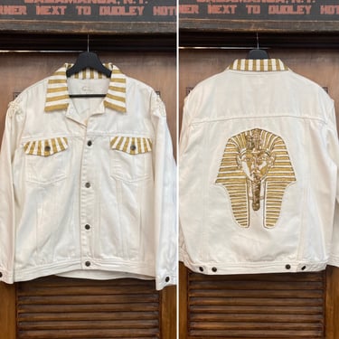 Vintage 1980’s King Tut Detail Denim New Wave Trucker Jacket, 80’s Oversize, Custom Vintage, Ancient Egypt, Vintage Clothing 