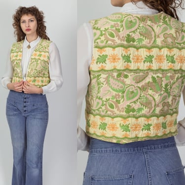 60s 70s Floral Tapestry Vest - Small | Vintage Boho Open Fit Sleeveless Crop Top 