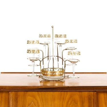 Vintage Mid Century Wine / Cocktail Glasses + Decanter Set — Culver Valencia 22K Gold — Set of 6 