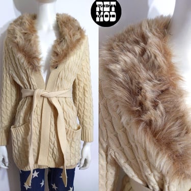 Fantastic Vintage 70s Cream-Colored Cable Knit Chunky Cardigan with Faux Fur Collar 