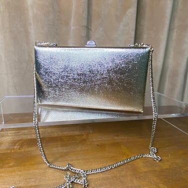 Vintage Gold Purse Box Style 1960 Dova USA With Chain Strap Lame 