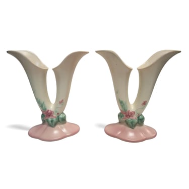 1950s Vintage Hull California Woodland Double Bud Vase Pair, Mid Century Modern, Botanical  Floral Art Pottery, Made in USA, Home Decor 