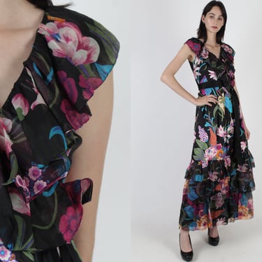 Black Evening Gown, Vintage 1960s Dress, Tropical Floral Silk Dress, Sheer Gazar Ruffle Evening Party Maxi 