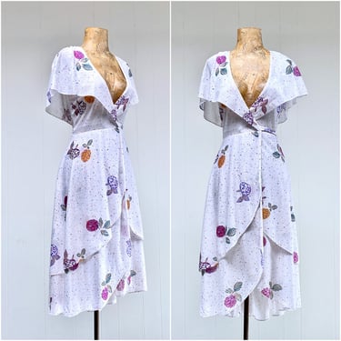 Vintage 1970s Semi-Sheer Floral Wrap Dress with Capelet Collar, 70s Boho Rocker Daisy Jones Style, Extra Extra Small 32