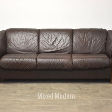 Ekornes Brown Leather and Teak Sofa 