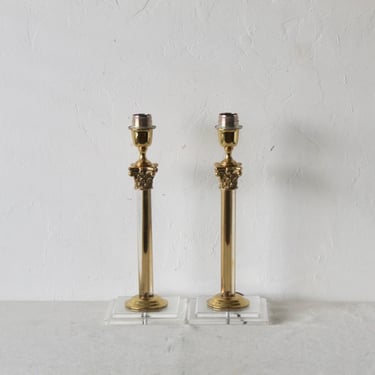 Glam Italian Mid-Century Brass Lucite Corinthian Column Table Lamps-a pair 