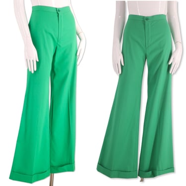 70s bell bottom pants sz 6-8,  vintage 1970s green trousers, womens cuffed pants, wide leg bells 38 28 