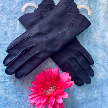 Vintage Gloves, Embroidered, French Knots, Dark Navy, Sears Roebuck, Pin Up Fashion, Pin Up Style, Rockabilly 50s 60s 