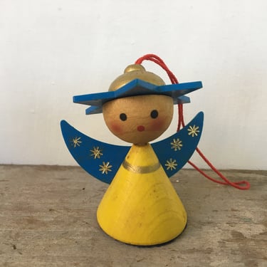 Vintage Wood Christmas Angel Ornament, Yellow With Blue Star Wings, Gold Stars, Scandinavian Colors 