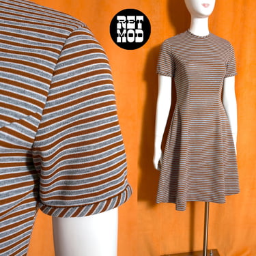 Super Cute Vintage 60s 70s Brown & Gray Stripe Fit and Flare Mod Knit Dress 